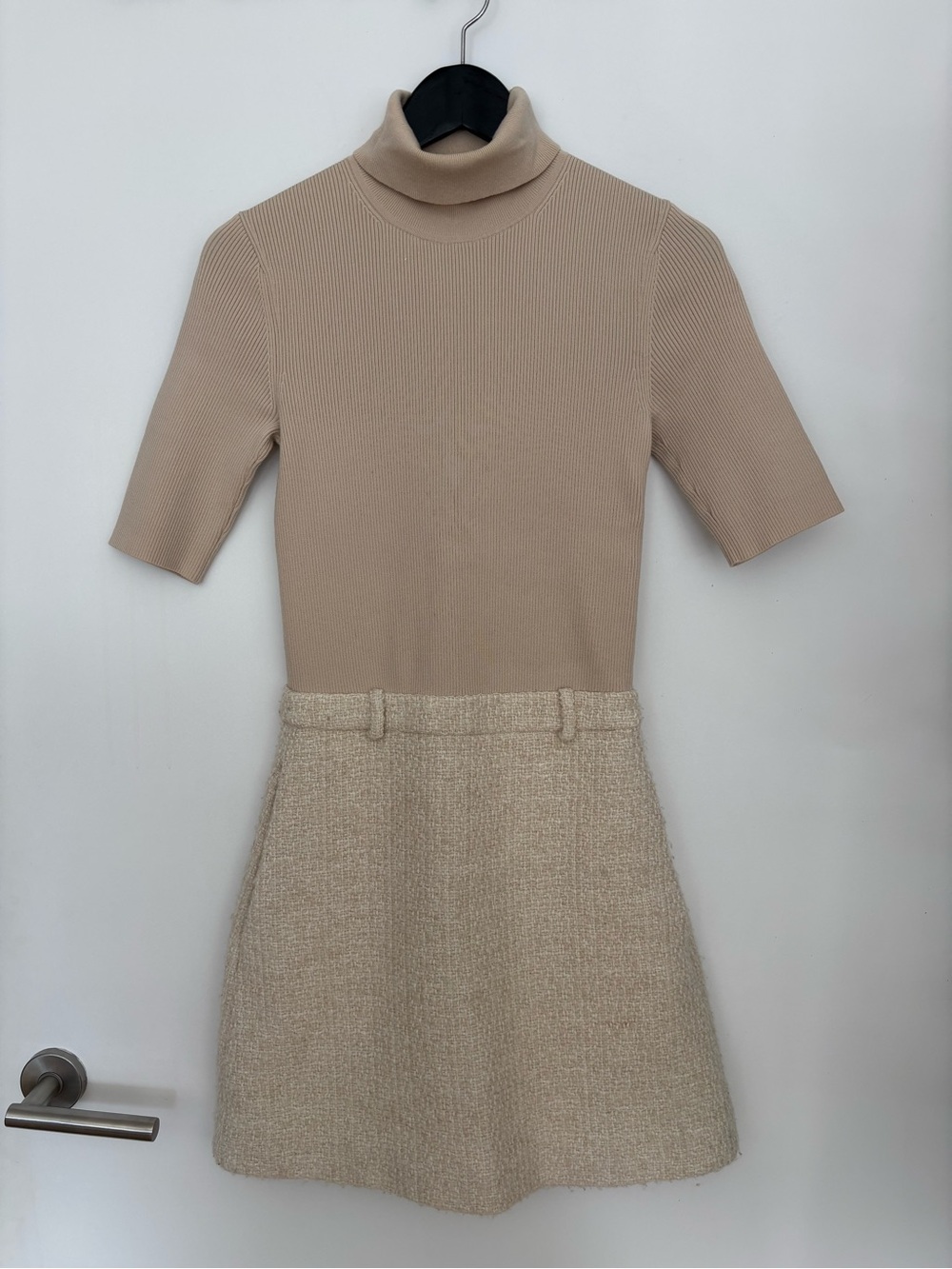 Theory Mini Turtleneck Knit and Tweed A-Line Dress in Neutral